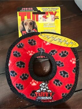 Tuffy Junior Ring Durable Dog Toy - Red Paw Print